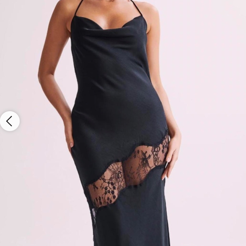 NWT MESHKI CHANDRA LACE DETAIL SATIN MAXI DRESS BLACK MEDIUM